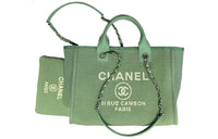 CHANEL Canvas Beach Bag Tote Bag Shopping Bag Canvas Bag One Shoulder Handbag Small Size Women's Grass Green