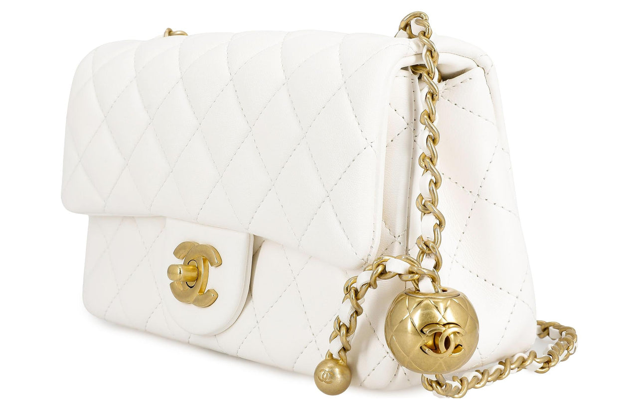 CHANEL Small Gold Ball Classic Flap CF Sheepskin Flap Bag, Shoulder Bag, Crossbody Bag Mini Women's White