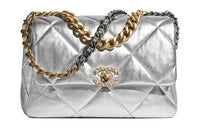 CHANEL 19Bag Metallic Lambskin Handbag Shoulder Bag Crossbody Bag Large Size Women's Silver/Gold