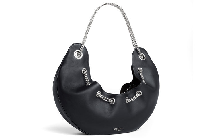 CELINE AVA Smooth Cow Leather One Shoulder Handbags Large Size Women's Black