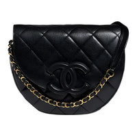 CHANEL 23P SS Cow Leather Messenger Bag Half-Moon Bag Saddle Bag Shoulder Bag Crossbody Bag Large Size Unisex Black