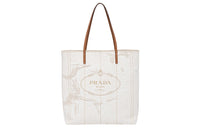 PRADA Linen Blend With Leather Tote Bag Shopping Bag Handbag Large Size Women's Beige/White Orchid