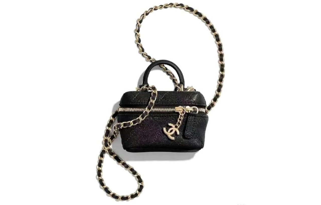 CHANEL Litchi Grain Cow Leather Box Bag Handbag Shoulder Bag Crossbody Bag Small Size Women's Black