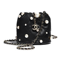 CHANEL Pearl Sheepskin Bucket Bags Shoulder Bag Crossbody Bag Mini Women's Black