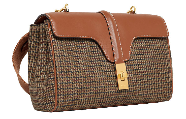 CELINE 16 Plaid Velvet Fabric With Calfskin Shoulder Bag Crossbody Bag Women's Beige/Tan