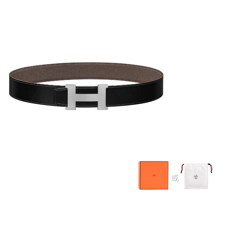 HERMES Cow Leather Leather Belts Men's Black/Tin Gray Width: 3.8cm