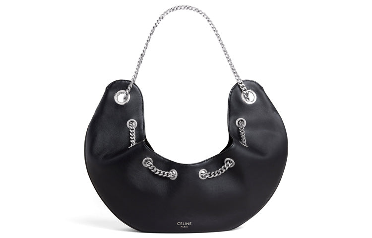 CELINE AVA Smooth Cow Leather One Shoulder Handbags Large Size Women's Black