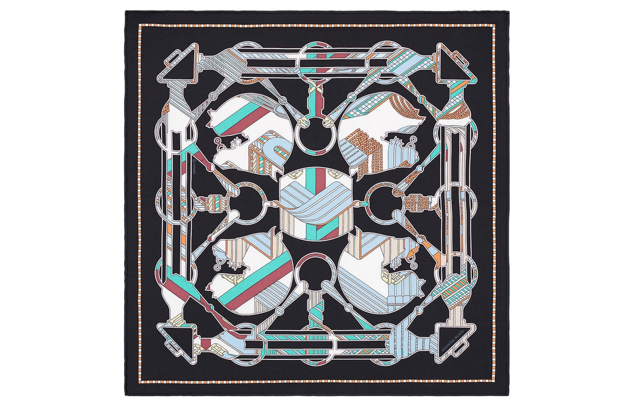 HERMES Silk Scarves Women's Black/Mint Green/Multicolor