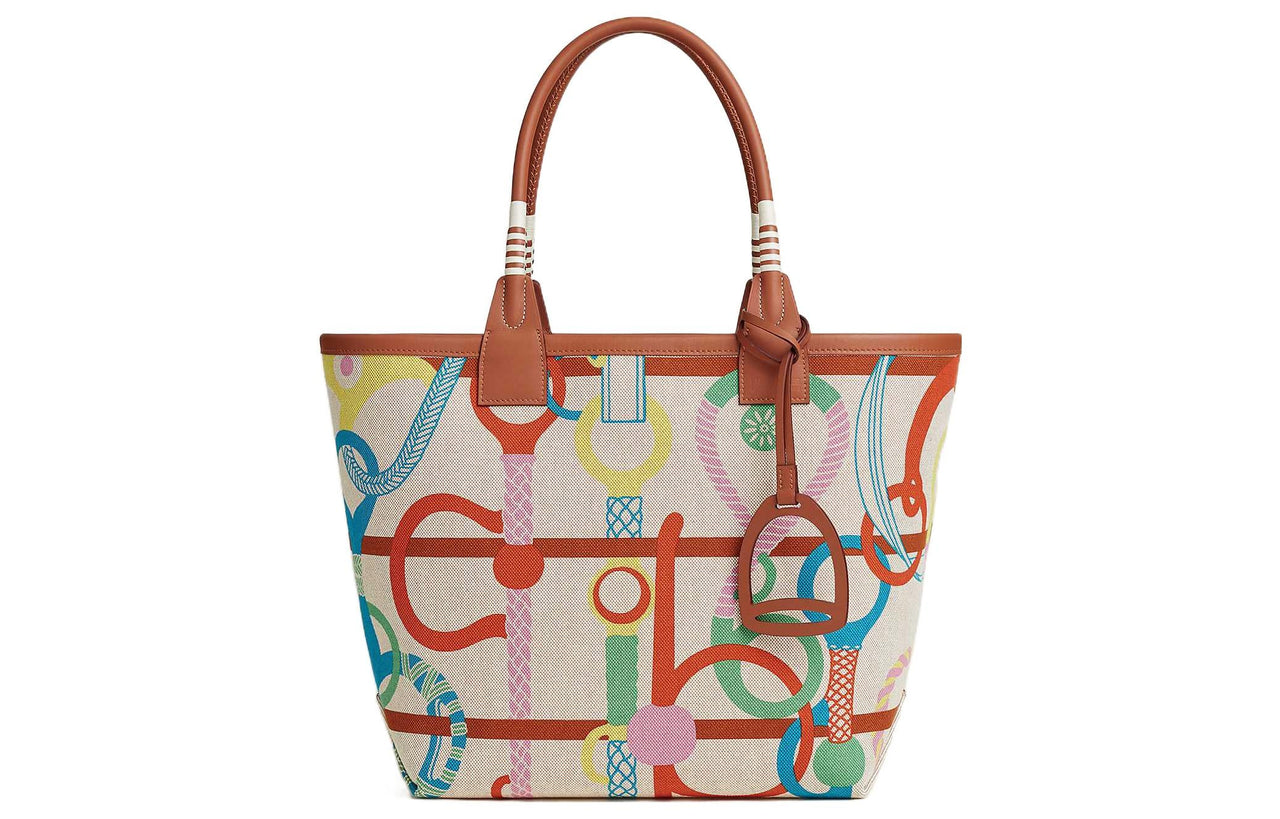 HERMES Steeple Canvas With Swift Leather Handbag Women's Copper Red/Lime/Light Beige/Beige/Gold
