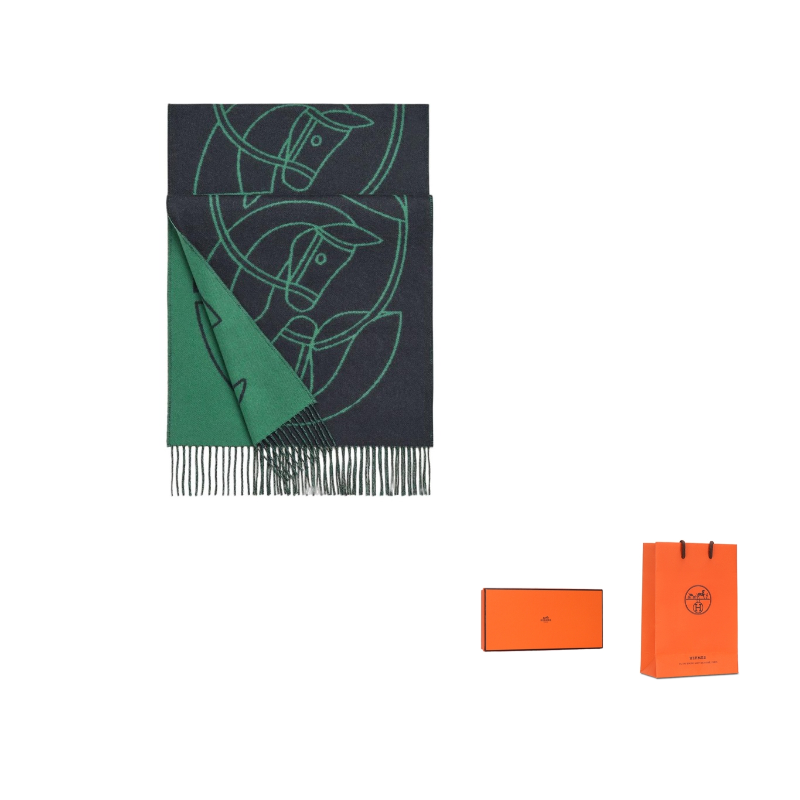 HERMES Knit Scarves Unisex Green/Dark Blue