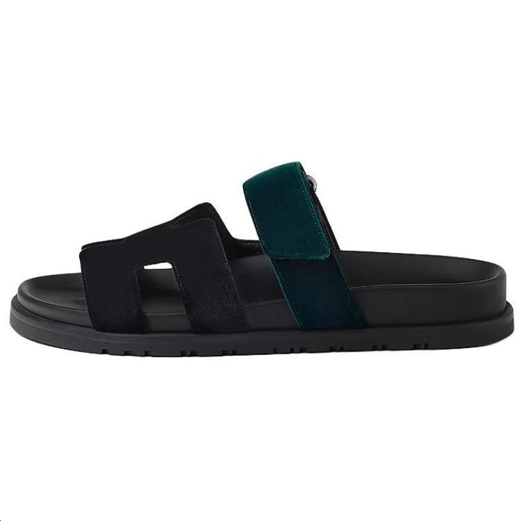 HERMES Rubber Sole Slip-Resistant Abrasion-Resistant Slide Slippers Women's Black