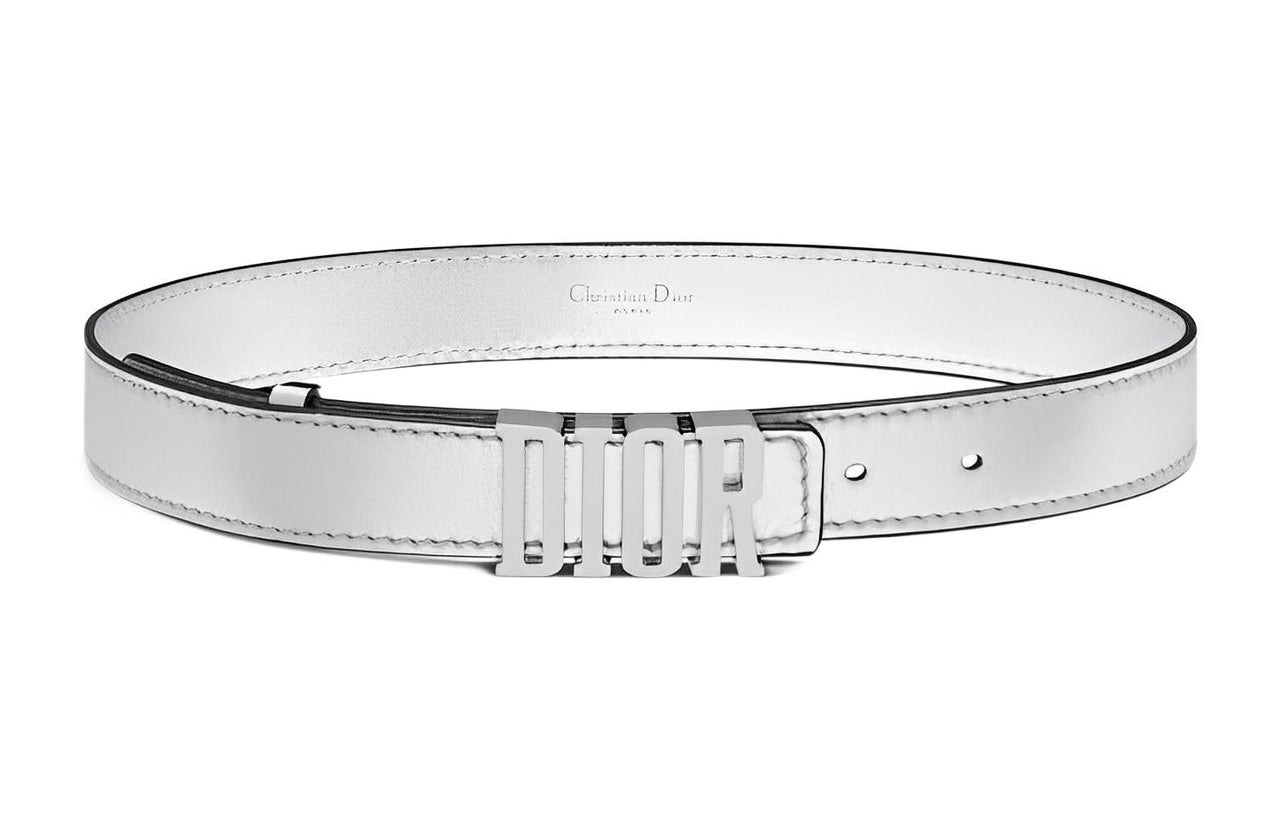 DIOR Badge Buckle Leather Belts Women's Silver White