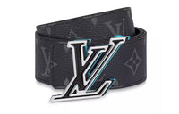 LOUIS VUITTON Logo Print Smooth Buckle Leather Belts Men's Black