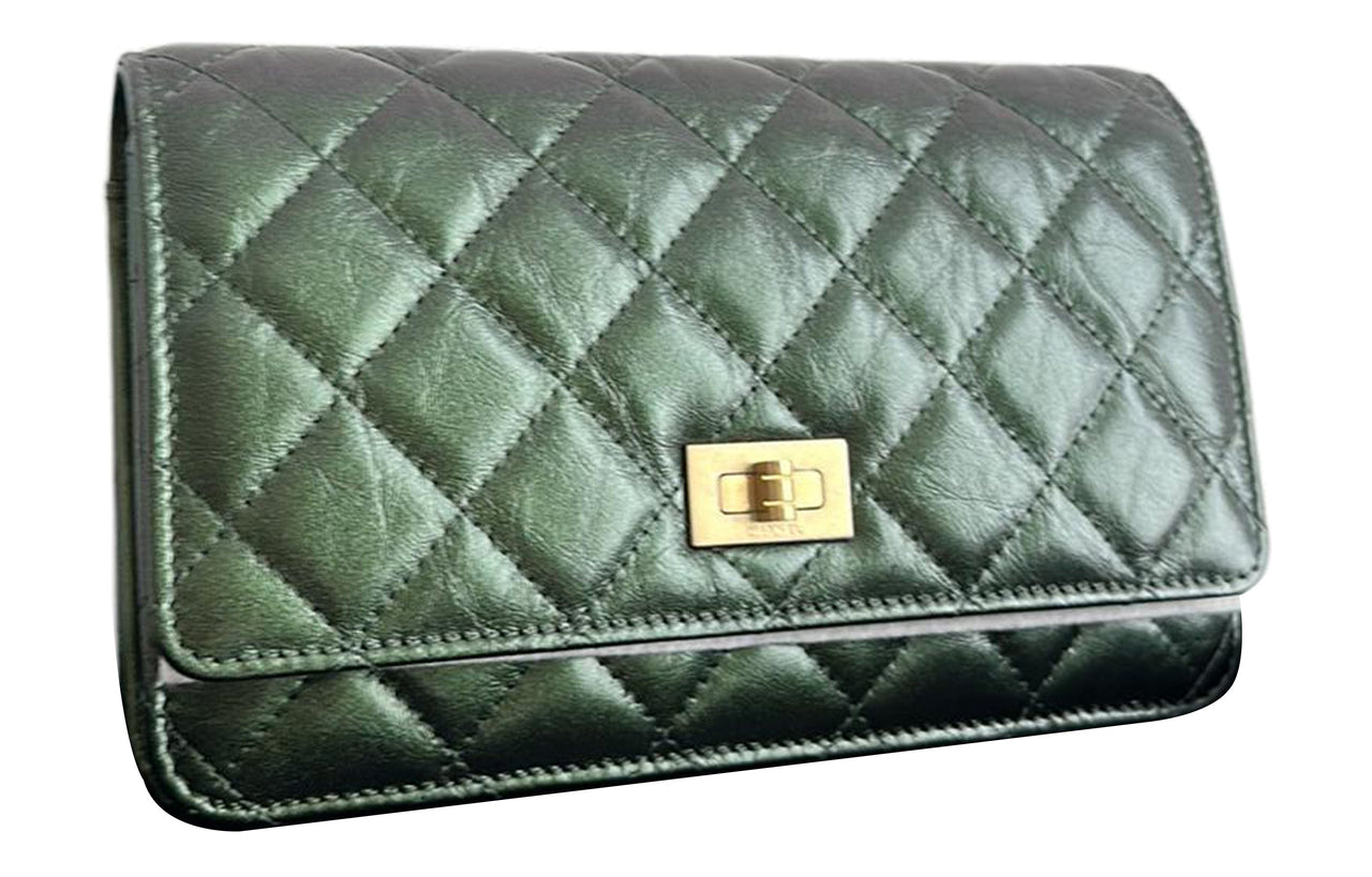 CHANEL 2.55 Embossed Calfskin With Grains Shoulder Bag Crossbody Bag Women's Green