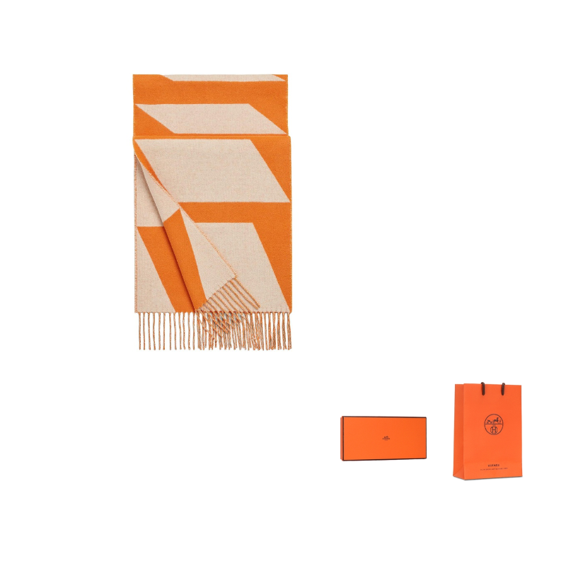 HERMES Knit Scarves Unisex Orange/White