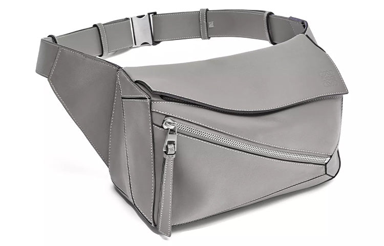 LOEWE Puzzle Smooth Cow Leather Sling Bag, Fanny Pack Small Size Women's Asphalt Gray