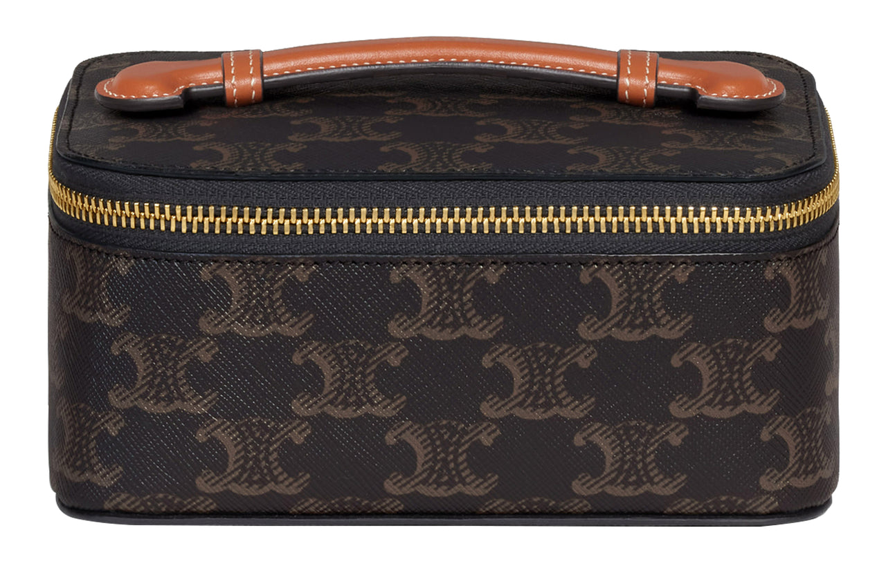 CELINE Triomphe Canvas With Calfskin Handbag Toiletry Bag Small Size Women's Tawny