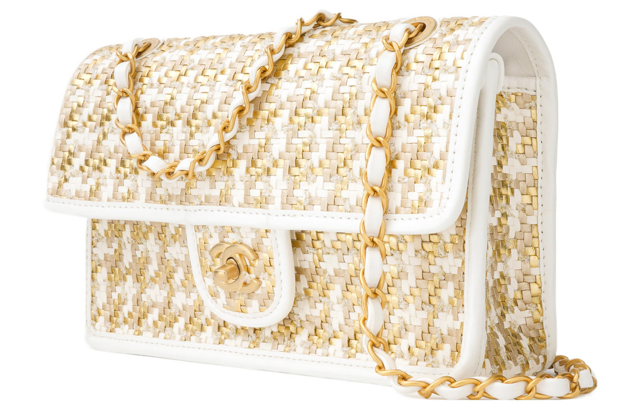 CHANEL 23C Early Spring Lambskin Flap Bag, Crossbody Bag, Shoulder Bag Medium Size Women's Gold & White