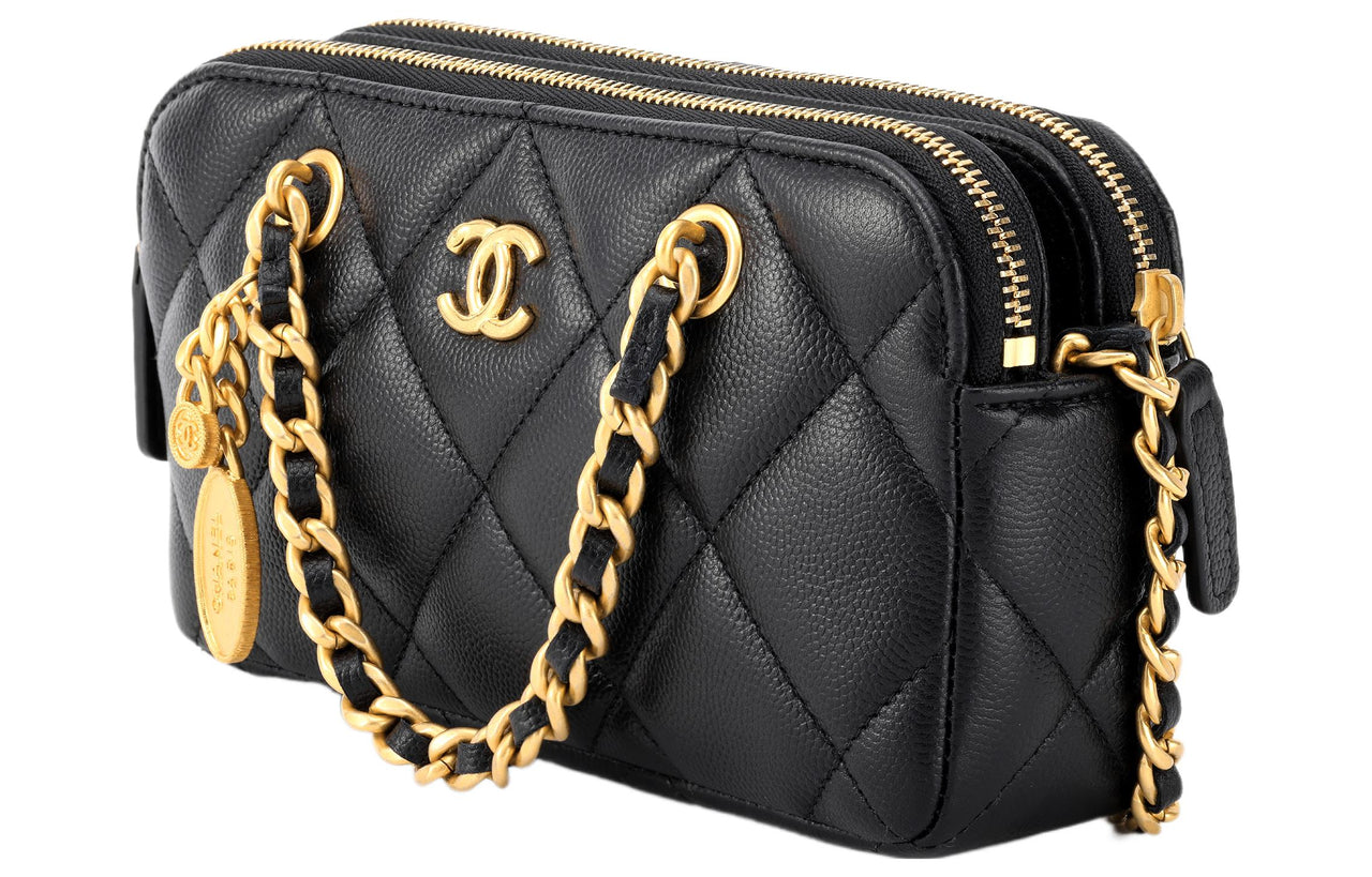 CHANEL Grained Cow Leather Cell Phone Pouch Handbag Shoulder Bag Crossbody Bag Women's Black
