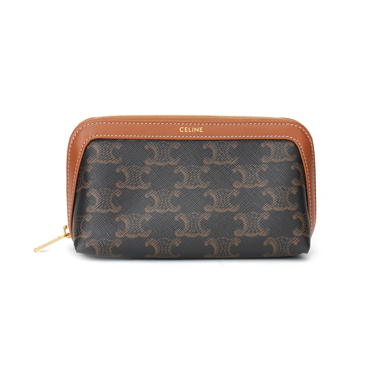 CELINE Triomphe Cow Leather Makeup Bag Small Size Women's Tawny