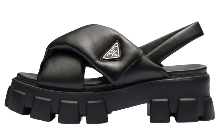 PRADA Monolith Padded 55mm Sandals Black Nappa Leather Women's