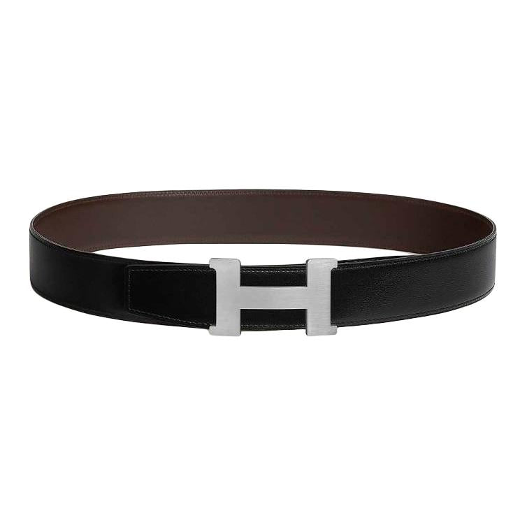HERMES Calfskin Leather Belts Men's Black Brown Width: 3.8CM