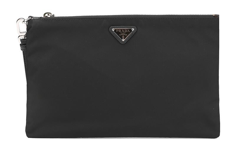 PRADA Recycled Nylon/Cow Leather Toiletry Bag Handheld Briefcases Large Size Men's Black/Silver