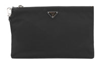PRADA Recycled Nylon/Cow Leather Toiletry Bag Handheld Briefcases Large Size Men's Black/Silver