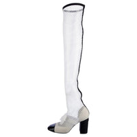 CHANEL Resille 90mm Thigh High Mary Janes White Black Patent Calfskin Women's