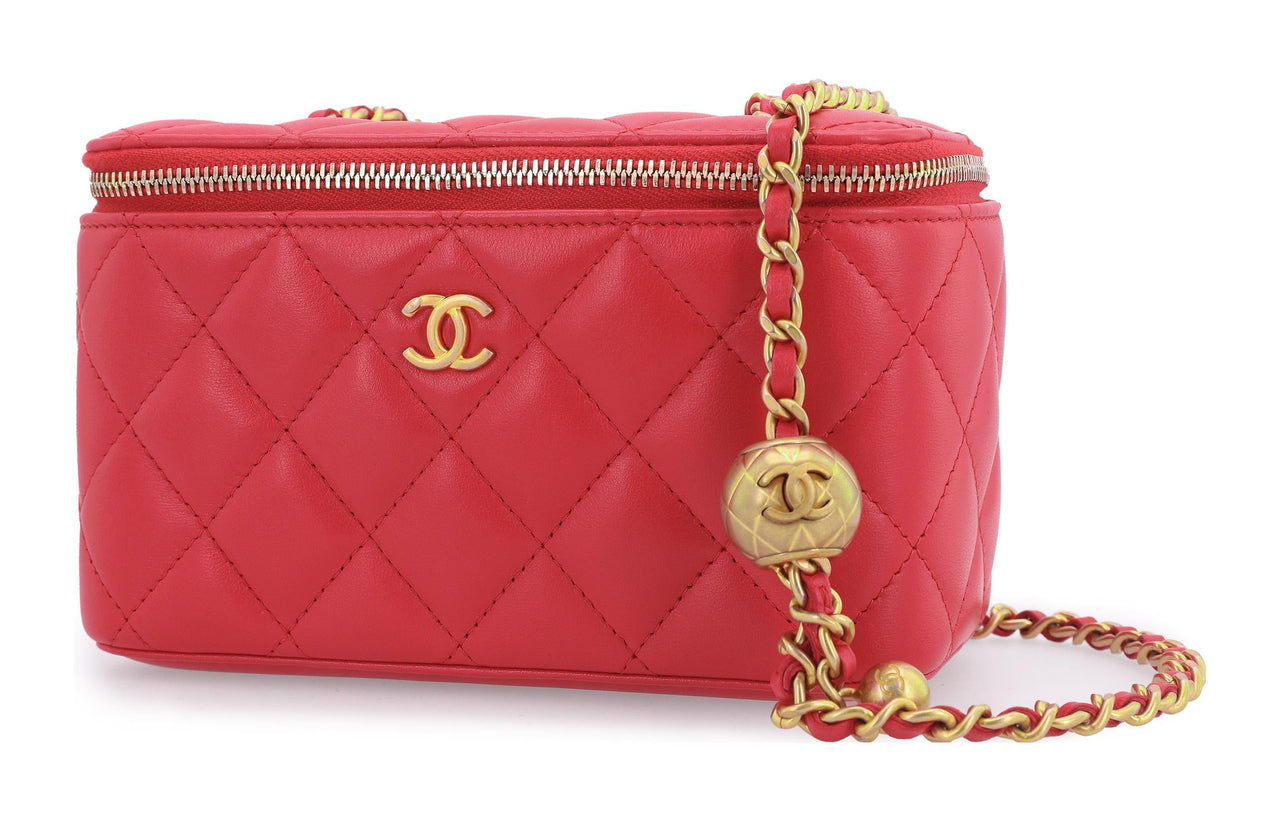 CHANEL Sheepskin Box Bag Shoulder Bag Clutch Crossbody Bag Watermelon Red