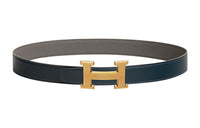 HERMES H Embossed Gold Buckle Togo Calfskin Double-Sided Leather Belt Women's Dark Blue Width: 3.2cm