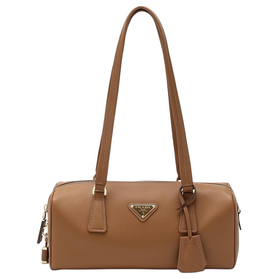 PRADA Leather Bowling Bag, Shoulder Bag Medium Size Women's Caramel
