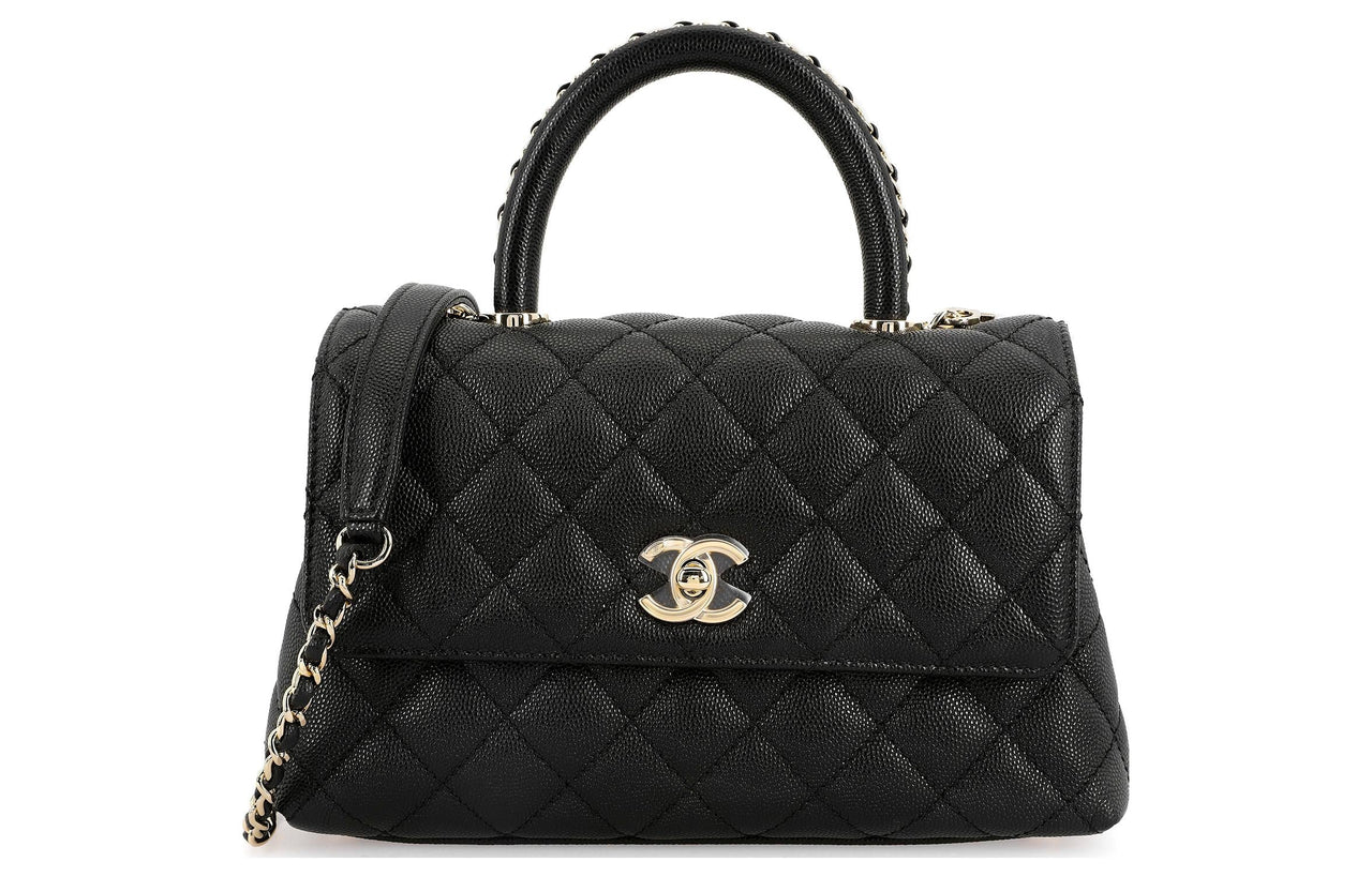 CHANEL Gold Grained Litchi Grain Cow Leather Shoulder Bag Crossbody Bag Handbag Small Size Women's Black