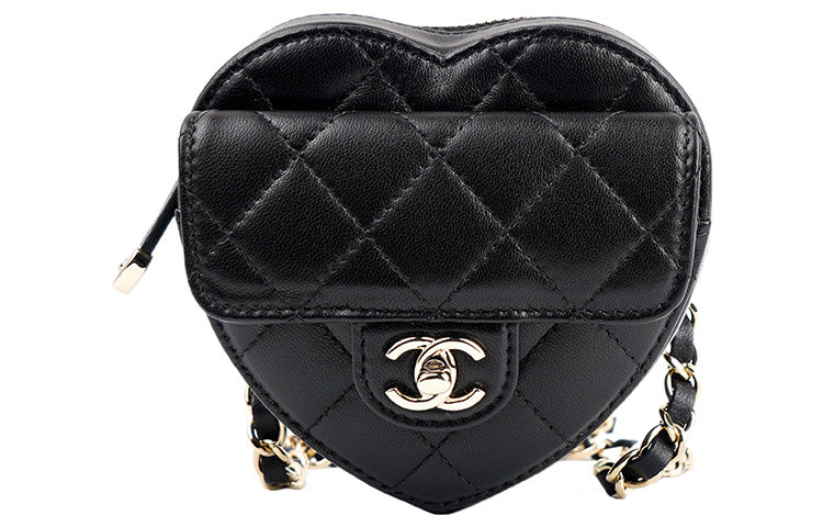 CHANEL Sheepskin Heart Bag One Shoulder Crossbody Fanny Pack Mini Women's Black