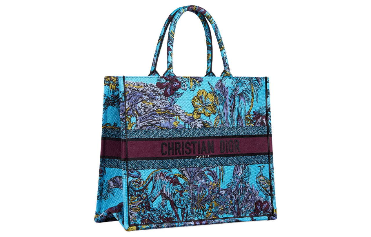 DIOR BookTote Embroidery Tote Bag Shopping Bag Handbag Large Size Women's Sky Blue Multicolor