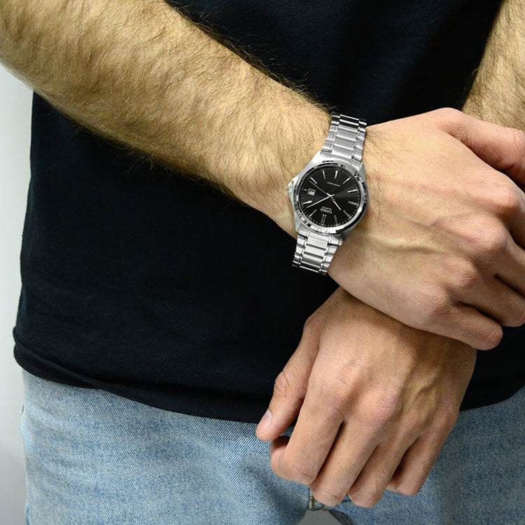 CASIO Waterproof Stainless Steel Strap Black DialSilver Strap Mens BlackSilver Analog MTP-1183A-1A
