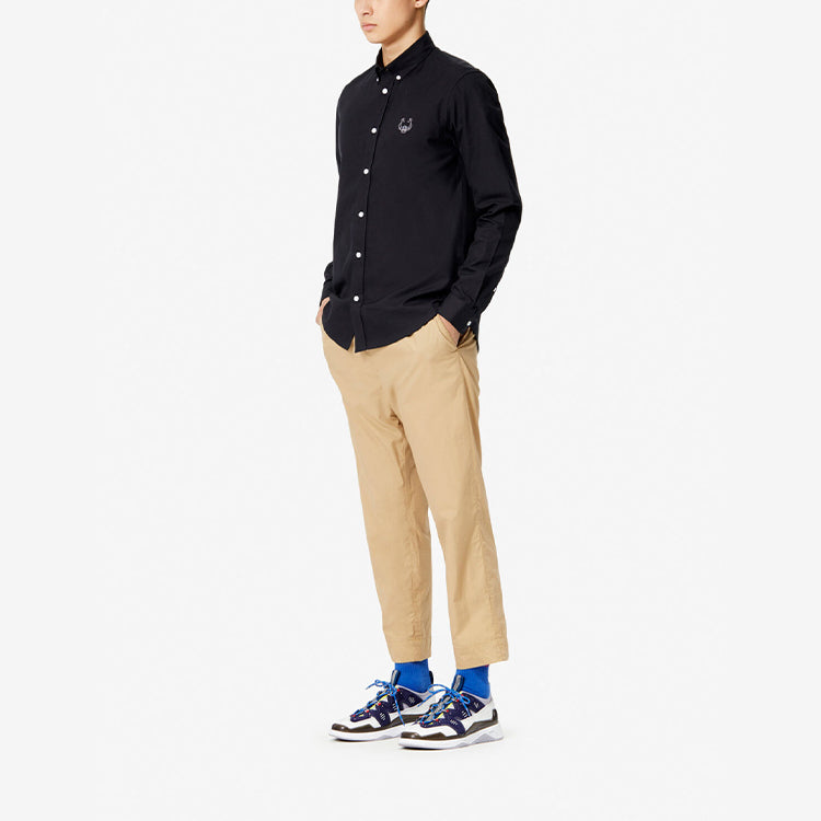 Men's KENZO Embroidered Small Tiger Head Lapel Casual Long Sleeves Black Shirt F955CH4001LC-99