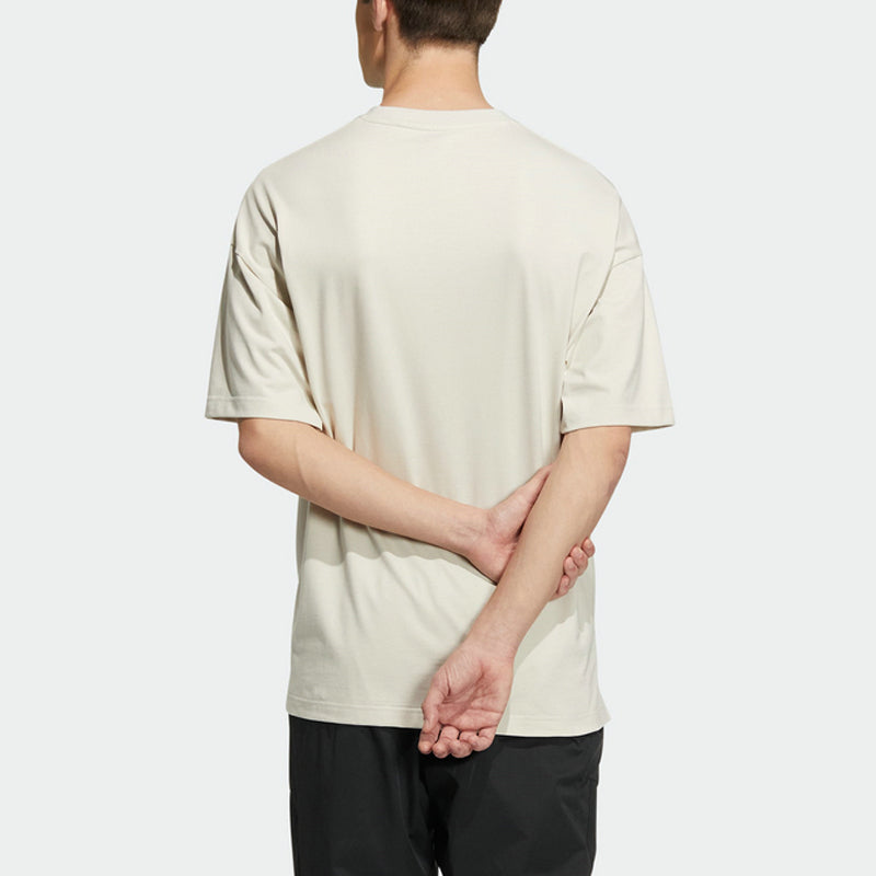 Men's adidas Solid Color Logo Loose Sports Short Sleeve Creamy White T-Shirt HS4379