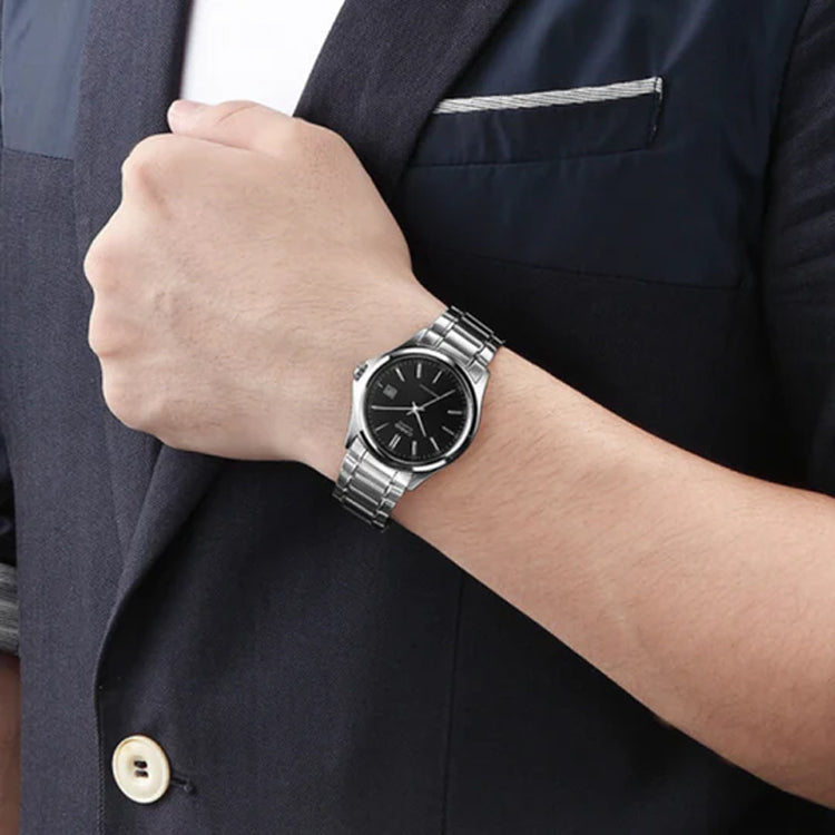 CASIO Waterproof Quartz Stainless Steel Strap Silver Black Dial Black Analog LTP-1183A-1A