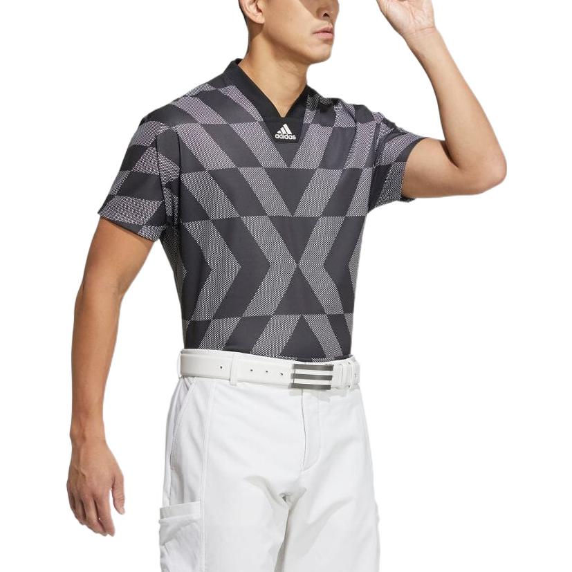 Men's adidas Colorblock Pattern Printing V Neck Short Sleeve Japanese Version Black T-Shirt HB3577