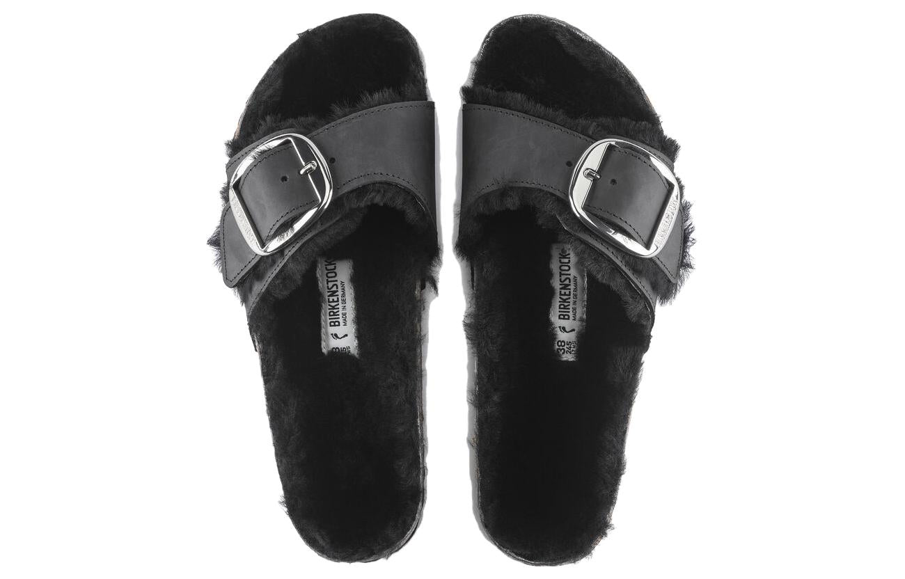 (WMNS) Birkenstock Madrid Big Buckle Shearling Oiled Leather Narrow Fit Sandals 'Black' 1020136