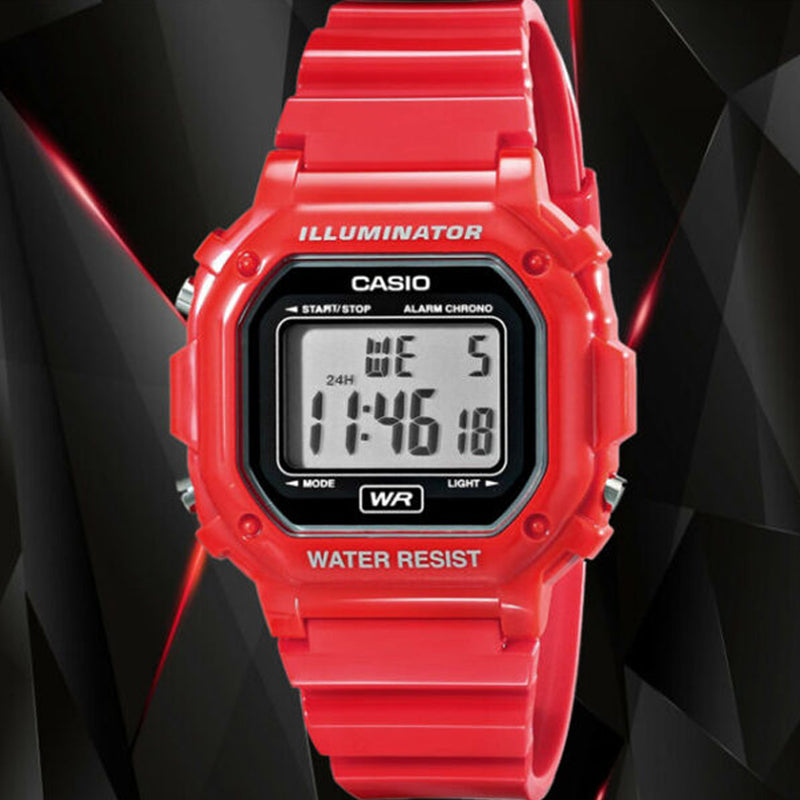 CASIO Small Cube Quartz 50m Waterproof Strap Mineral Glass Lens Resin Strap Watch Red Digital F-108WHC-4ACF