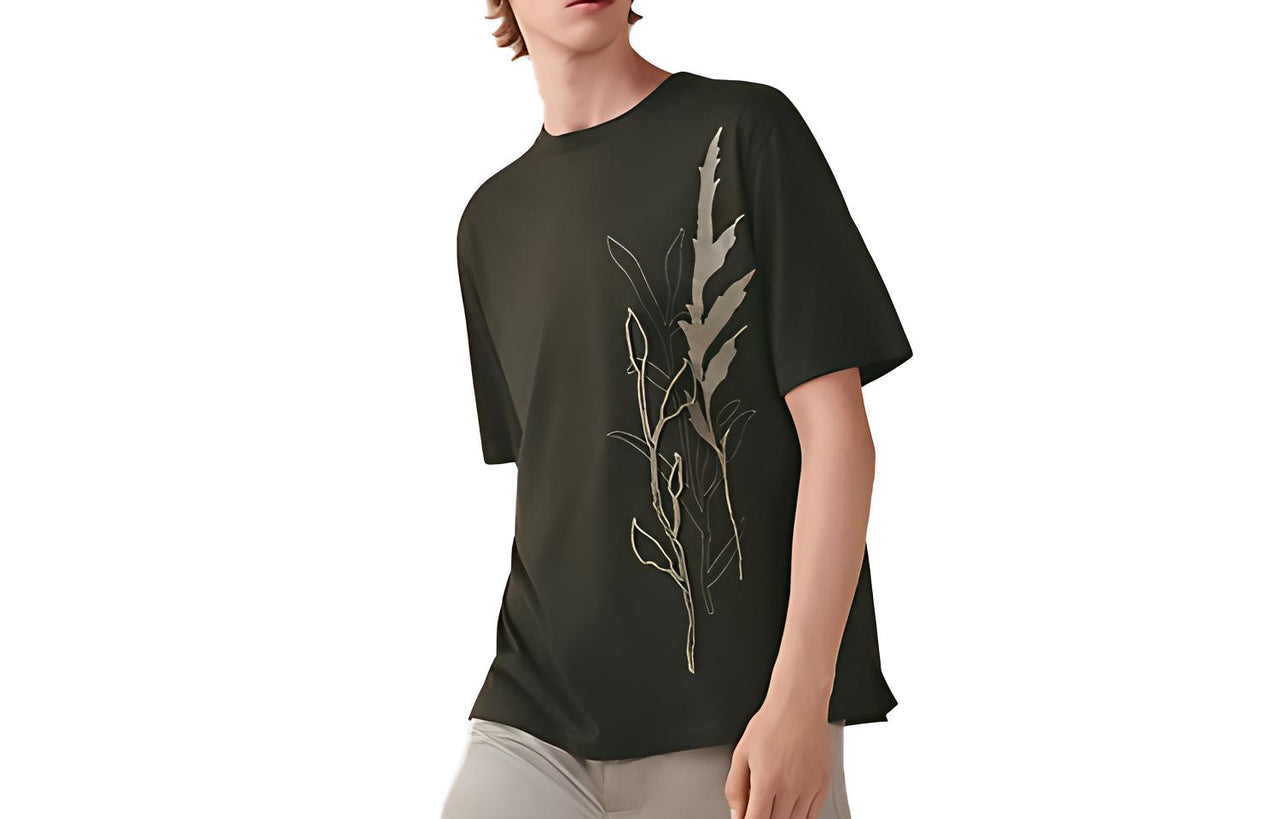 HERMES Leaf Print Crew Neck Short Sleeved T Shirt Men's Olive