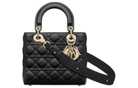 DIOR Lady Dior Wicker Lambskin Shoulder Bag Crossbody Bag Handbag Small Size Women's Black