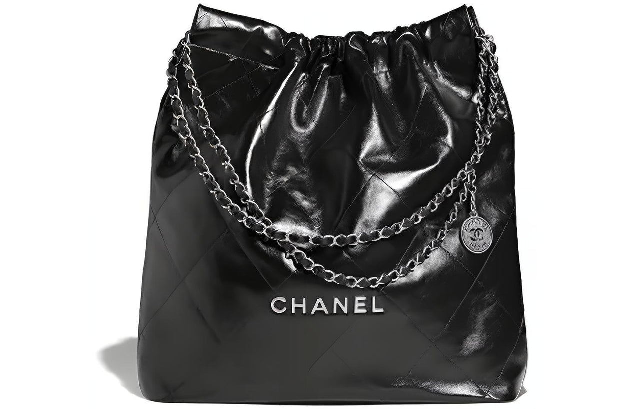 CHANEL 22Bag Cow Leather Tote Bag, Shopping Bag, Handbag, Shoulder Bag Unisex Black Silver Letter