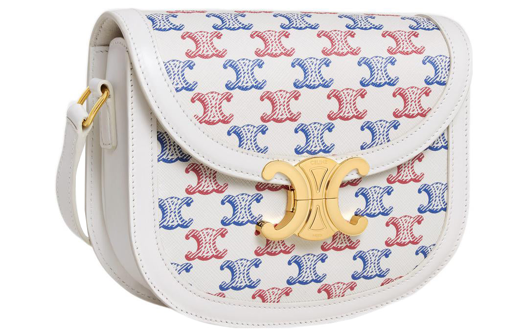 CELINE Besace Canvas paneled Calfskin Trim Crossbody Bag, Shoulder Bag Women's Blue/White/Red