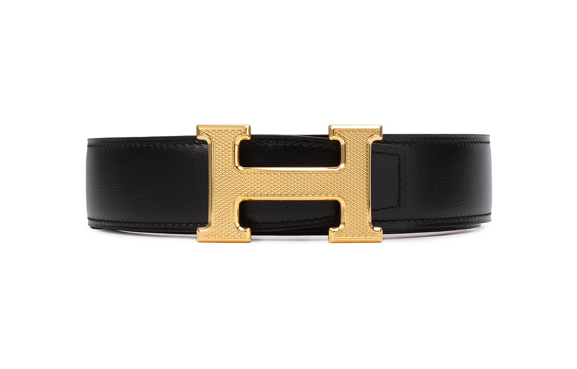 HERMES Cow Leather Belt Unisex Brown/Black Width: 3.2cm