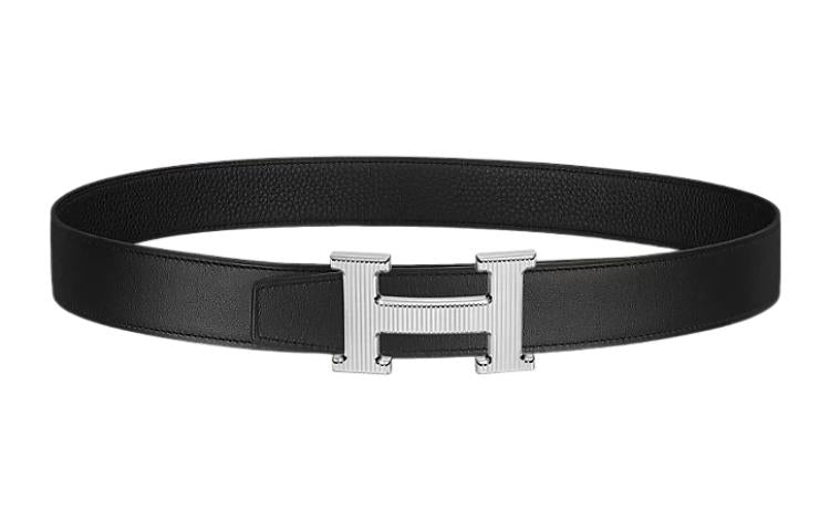 HERMES H Stripes Silver Buckle Togo Calfskin Double-Sided Leather Belt Men's Black Width: 3.2cm