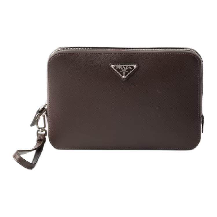 PRADA Saffiano Leather Clutch Men's Coffee