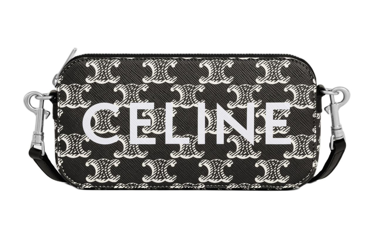 CELINE Cow Leather Binding One Shoulder Crossbody Clutches Men's Black & White